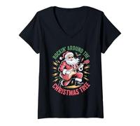 Femme Rockin Around Christmas Tree Guitare Père Noël Rock N Roll Christmas T-Shirt avec Col en V