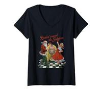 Femme Rockin Christmas Around Jukebox Père Noël et épouse Noël T-Shirt avec Col en V