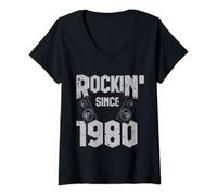 Femme Rockin' Since 1980 Éventail de musique rock vintage 42e anniversaire T-Shirt avec Col en V