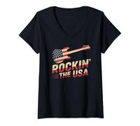 Femme Rockin' The USA Rock n Roll Guitare rétro Drapeau USA T-Shirt avec Col en V