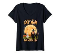 Femme Rocking The Cat Mom and Witch Life Siamese Cat Halloween T-Shirt avec Col en V