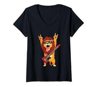 Femme Rockstar Lion Guitarist Rouleau de métal avec Double Cornes Pop Graphic T-Shirt avec Col en V