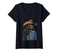 Femme Rodéo noir afro-américain cowgirl western country texas T-Shirt avec Col en V