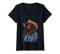 Femme Rodéo Noir Afro-américain Cowgirl Western Country Texas T-Shirt avec Col en V