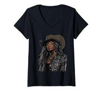 Femme Rodéo noir afro-américain cowgirl western country texas T-Shirt avec Col en V