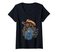 Femme Rodéo Noir Afro-américain Cowgirl Western Country Texas T-Shirt avec Col en V
