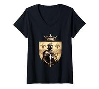 Femme Roi Chevalier Français Blason Fleur de Lys Médiéval T-Shirt avec Col en V
