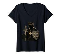 Femme Roi Chevalier Français Blason Fleur de Lys Médiéval T-Shirt avec Col en V