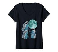 Femme Rois Dauphins Hurlant à la Lune Art Marin Nature T-Shirt avec Col en V