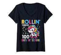 Femme Rollin Through 100 Days of School Unicorn 100th Day Girls T-Shirt avec Col en V