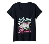 Femme Rollin with My Homies Design Retro Rolling Skate T-Shirt avec Col en V