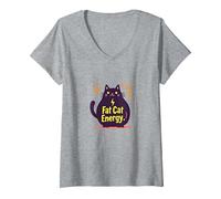 Femme Rolling Fatties Cat Fat Cat Energy Funny Feline Humour T-Shirt avec Col en V, Gris Chiné, XXL