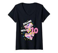 Femme Rolling Into 10 Birthday Roller Skater Boys Girls Kids Bday T-Shirt avec Col en V