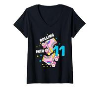 Femme Rolling Into 11 Birthday Roller Skater pour garçons, Filles et Enfants T-Shirt avec Col en V