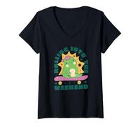 Femme Rolling Into The Weekend Skateboard Grenouille Kawaii Mignon Drôle T-Shirt avec Col en V