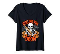 Femme Rolling Pin of Doom Funny Baking Skeletons Halloween T-Shirt avec Col en V