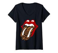 Femme Rolling Stones Langue Léopard classique T-Shirt avec Col en V