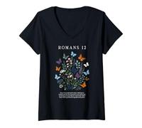 Femme Romains 12 versets bibliques avec Foi chrétienne et Papillon Floral T-Shirt avec Col en V