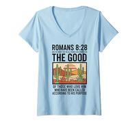 Femme Romains 8:28 God Works for Good Christian Faith T-Shirt avec Col en V