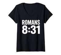 Femme Romains 8:31 Verse biblique Foi chrétienne Écriture T-Shirt avec Col en V