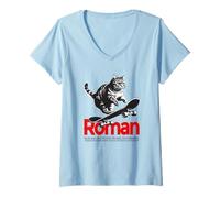 Femme ROMAN - beau nom de garçon avec un chat & skateboard T-Shirt avec Col en V
