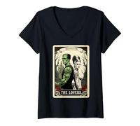 Femme Romance effrayante Frankenstein The Lovers Tarot Halloween Vibe T-Shirt avec Col en V