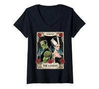 Femme Romance Frankenstein The Lovers Tarot Classique Halloween Vibe T-Shirt avec Col en V