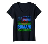 Femme Romani américain | Roma Traveller & Drapeaux USA Vieilli T-Shirt avec Col en V