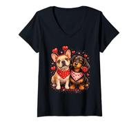 Femme Romantic Dog Lover Tee French Bulldog & Dachshund with Heart T-Shirt avec Col en V