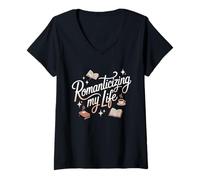Femme Romantizing My Life Books Stars Coffee T-Shirt avec Col en V