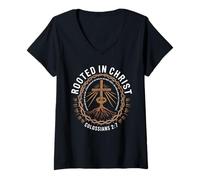 Femme Rooted In Christ Colossians 2 7 Enraciné Et Fortifié Foi T-Shirt avec Col en V