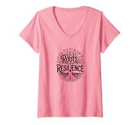 Femme Roots of Resilience Ruban de Sensibilisation au Cancer du Sein Rose T-Shirt avec Col en V