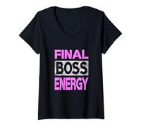 Femme Rose Color Final Boss Energy Pink Graphic T-Shirt avec Col en V