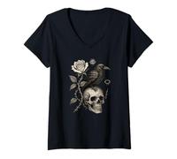 Femme Rose occulte, crâne de corbeau, occultisme, sorcellerie, corbeau, rose, gothique T-Shirt avec Col en V