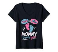 Femme Rose ou Bleu Mommy Loves You Sexe révéler Le Sexe du bébé T-Shirt avec Col en V