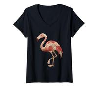 Femme Rose Patchwork Flamant Rose Rétro Cottagecore Chic T-Shirt avec Col en V