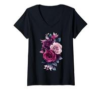 Femme Rose Rose Botaniste Jardin Jardin Jardin Fleur Rose T-Shirt avec Col en V