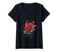 Femme Rose Rouge botaniste Jardin Fleur Rose T-Shirt avec Col en V