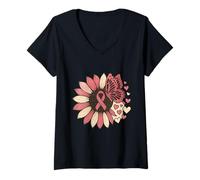 Femme Rose Tournesol Papillon Sensibilisation au Cancer du Sein T-Shirt avec Col en V