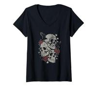 Femme Roses and Skulls Elder Emo Grunge Punk Graphic Goth Gothic T-Shirt avec Col en V