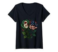 Femme Roses moitié drapeau américain moitié mexicain USA Mexique T-Shirt avec Col en V