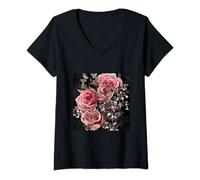 Femme Roses rose pâle avec vignes délicates rustiques T-Shirt avec Col en V