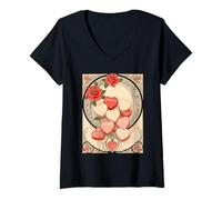 Femme Roses Rouges et cœurs Style Art Nouveau T-Shirt avec Col en V