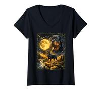 Femme Rottweiler Hurlant à la Lune et Ciel Nocturne Amusant T-Shirt avec Col en V