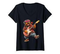 Femme Rottweiler Mignon Jouant de la Guitare Guitariste Chien Saint-Valentin T-Shirt avec Col en V