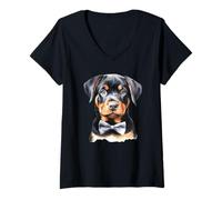 Femme Rottweiler Nœud Papillon Portrait T-Shirt avec Col en V