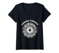 Femme Roue du Zodiaque énergie Cosmique Astrologie Texte Blanc T-Shirt avec Col en V