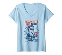 Femme Rouge Blanc Bleu Heavy on The Blue 4th Juillet Liberal Feminist T-Shirt avec Col en V