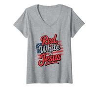 Femme Rouge, Blanc Et Jésus Chrétiens Patriotiques T-Shirt avec Col en V