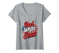 Femme Rouge Blanc Et Jésus Croyants Patriotiques T-Shirt avec Col en V
